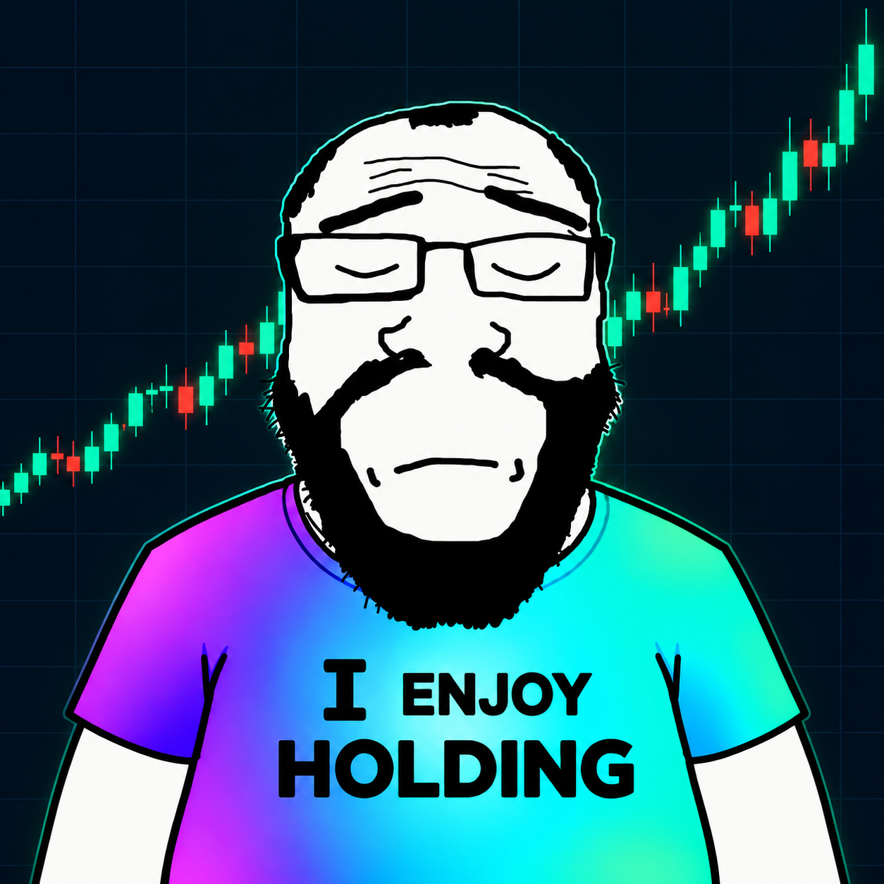 I Enjoy Holding mascot and simple rising candlestick chart