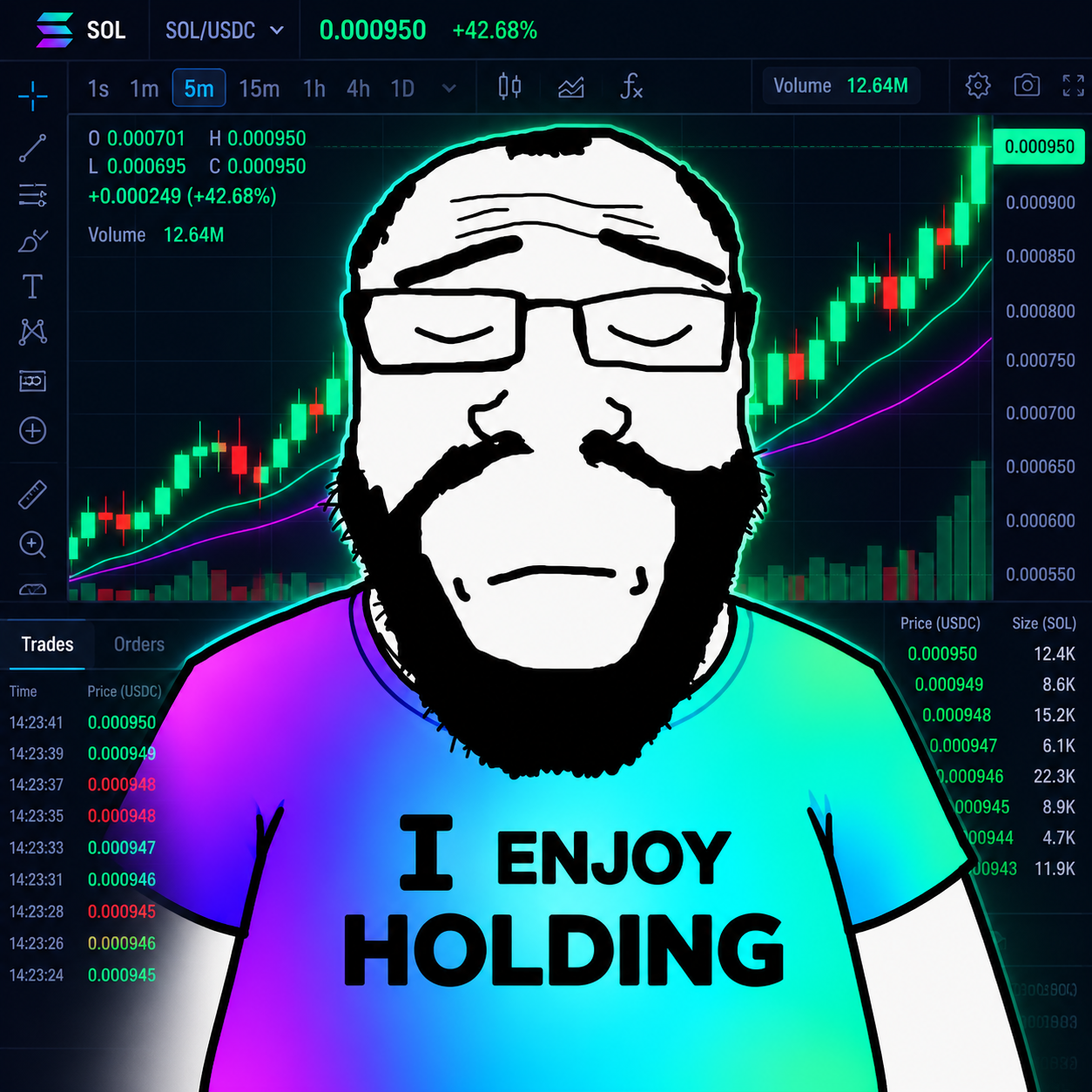 I Enjoy Holding mascot over a trading terminal aesthetic